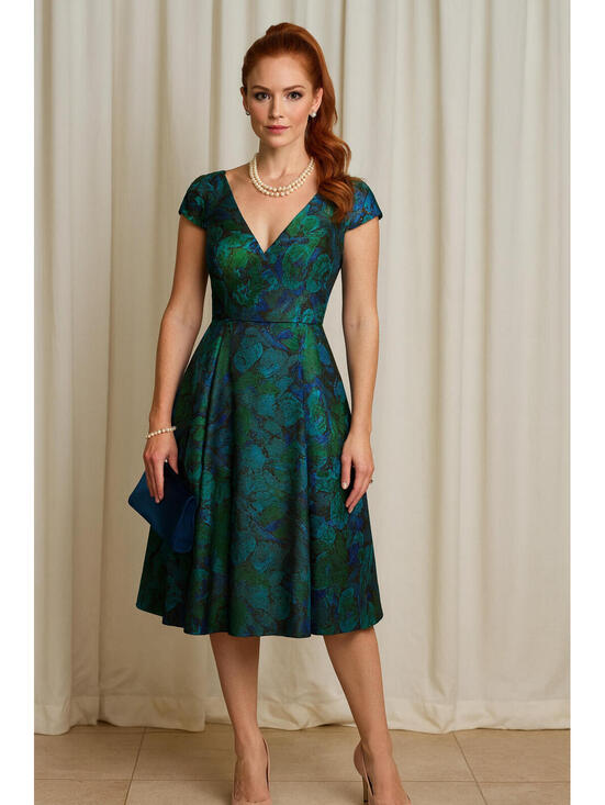 Badgley Mischka Dresses & Skirts - Badgley Mischka Blue Green Metallic Floral Brocade Fit Flare Dress Cap Sleeve *4